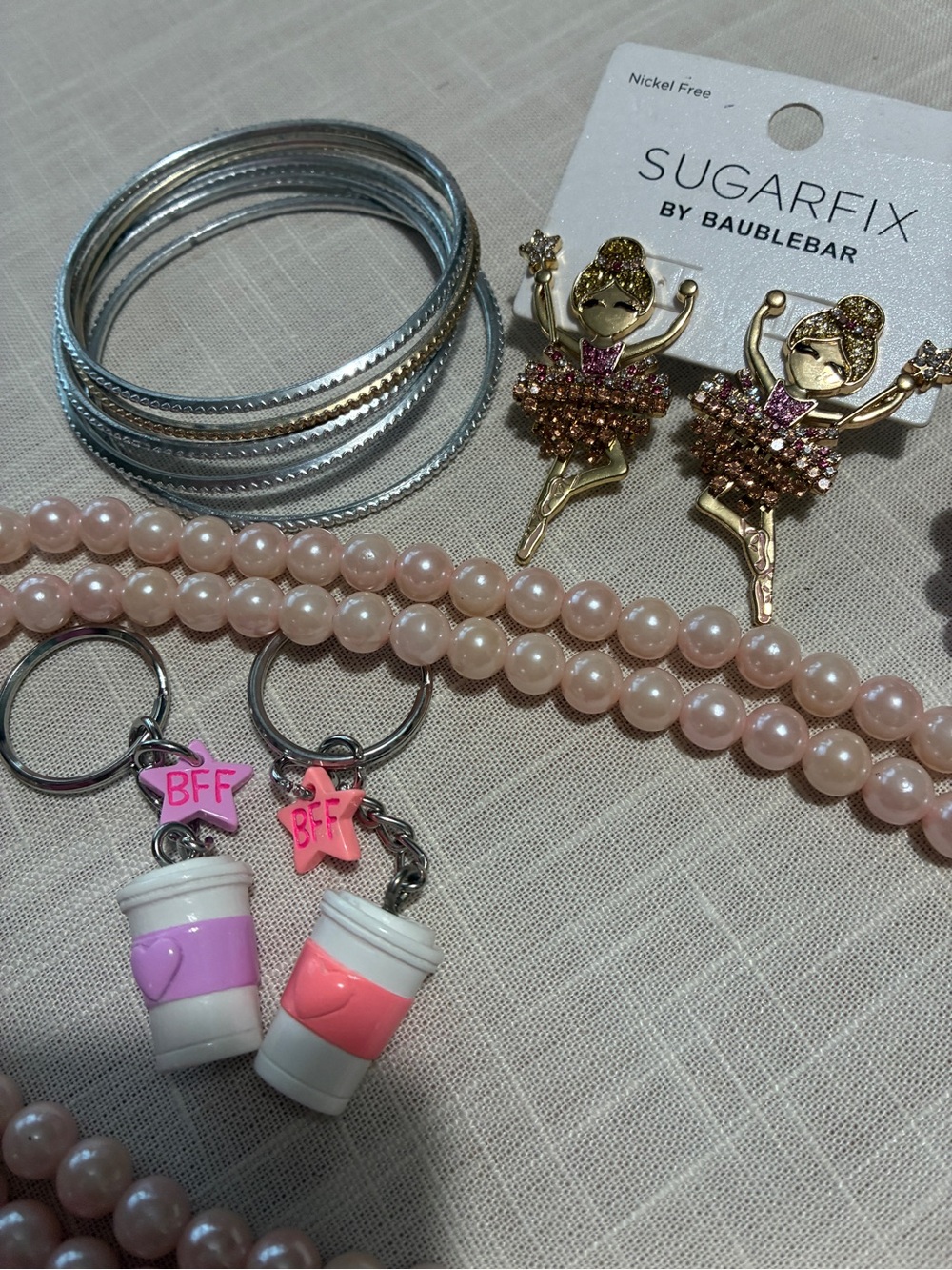 Ballerina Earrings Bestie Key Chains Bracelets and Pearls Necklace Lot